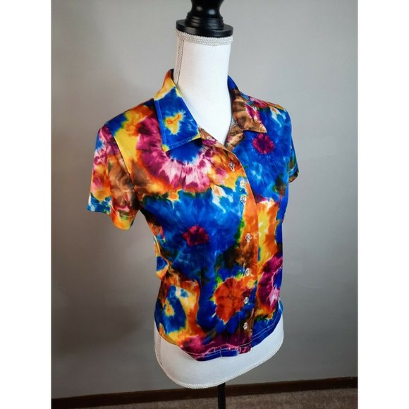 S2S Vtg 90s Short Sleeve Tie Dye Satin Shirt S USA - Picture 1 of 12